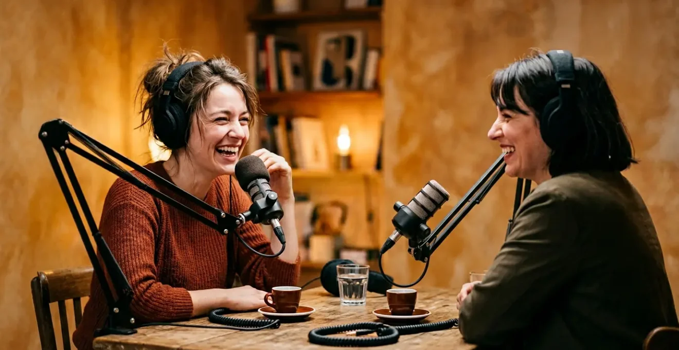 Scène de studio d'enregistrement de podcast avec microphones et ambiance chaleureuse évoquant une discussion entre amis
