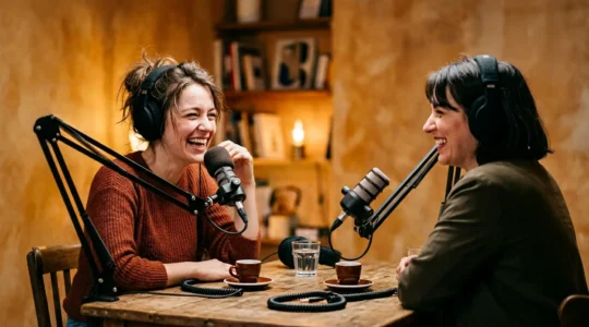 Scène de studio d'enregistrement de podcast avec microphones et ambiance chaleureuse évoquant une discussion entre amis