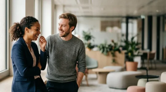 Des collègues partageant un moment de détente et de complicité après une réunion dans un espace de bureau moderne