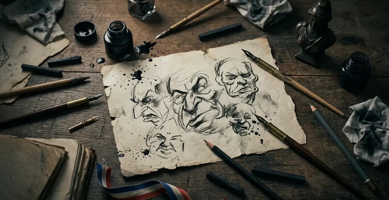 Concept allégorique de la caricature politique française illustrant la tension entre art satirique et critique personnelle