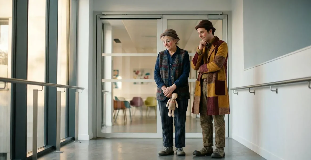 Duo de comédiens clowns professionnels interagissant avec sérénité dans un service pédiatrique français