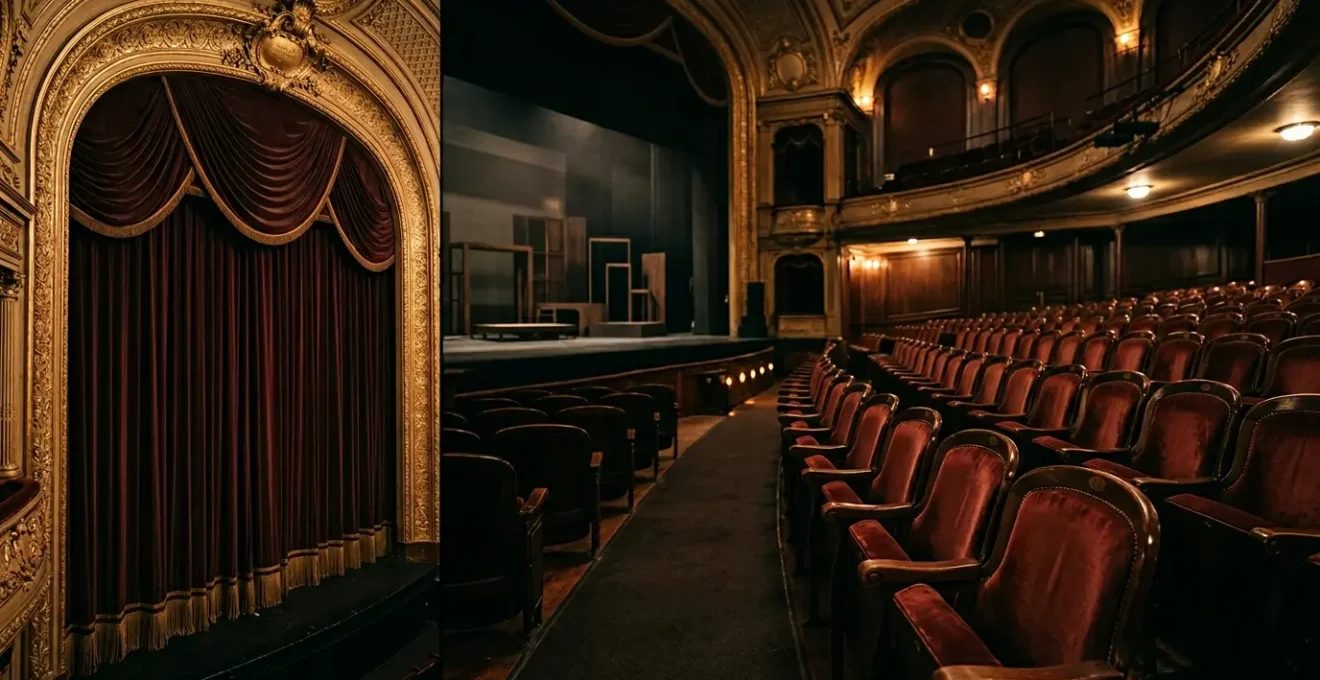 Scène de théâtre à la française avec rideaux de velours rouge et sièges de parterre vides