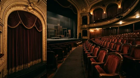 Scène de théâtre à la française avec rideaux de velours rouge et sièges de parterre vides