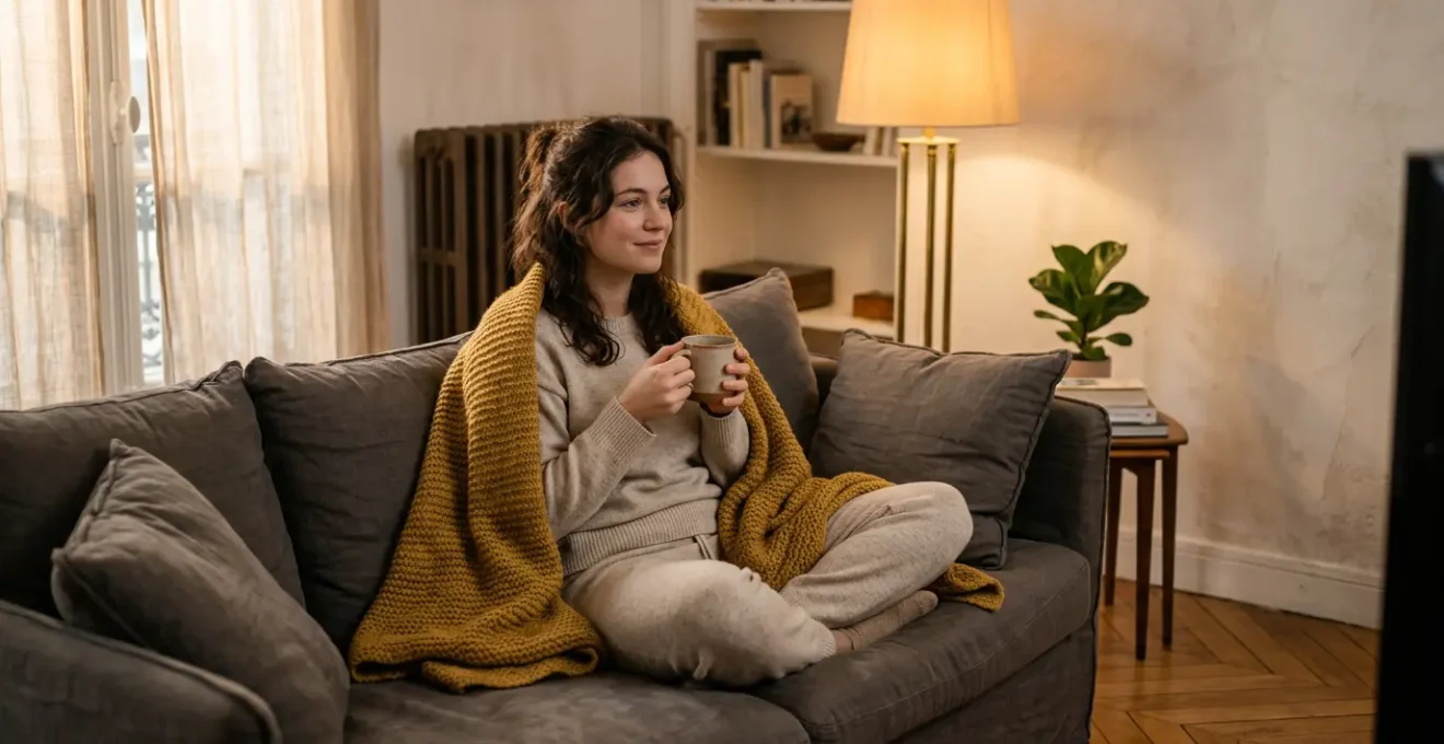 Une personne détendue regardant une série réconfortante dans un canapé confortable