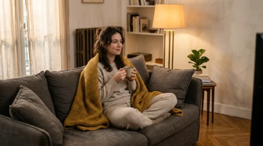 Une personne détendue regardant une série réconfortante dans un canapé confortable