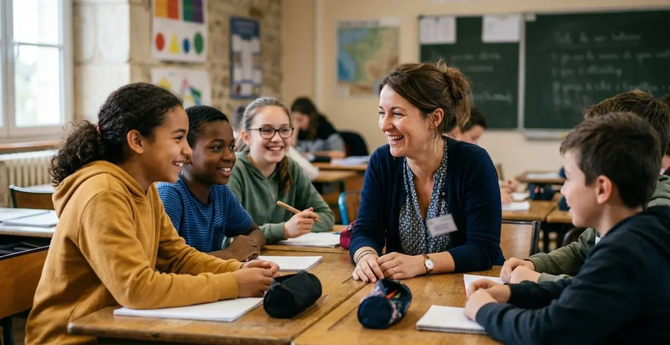Scene authentique montrant l'interaction bienveillante entre un enseignant et des collegiens dans une salle de classe francaise