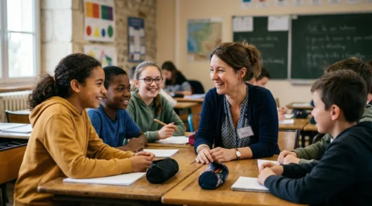 Scene authentique montrant l'interaction bienveillante entre un enseignant et des collegiens dans une salle de classe francaise