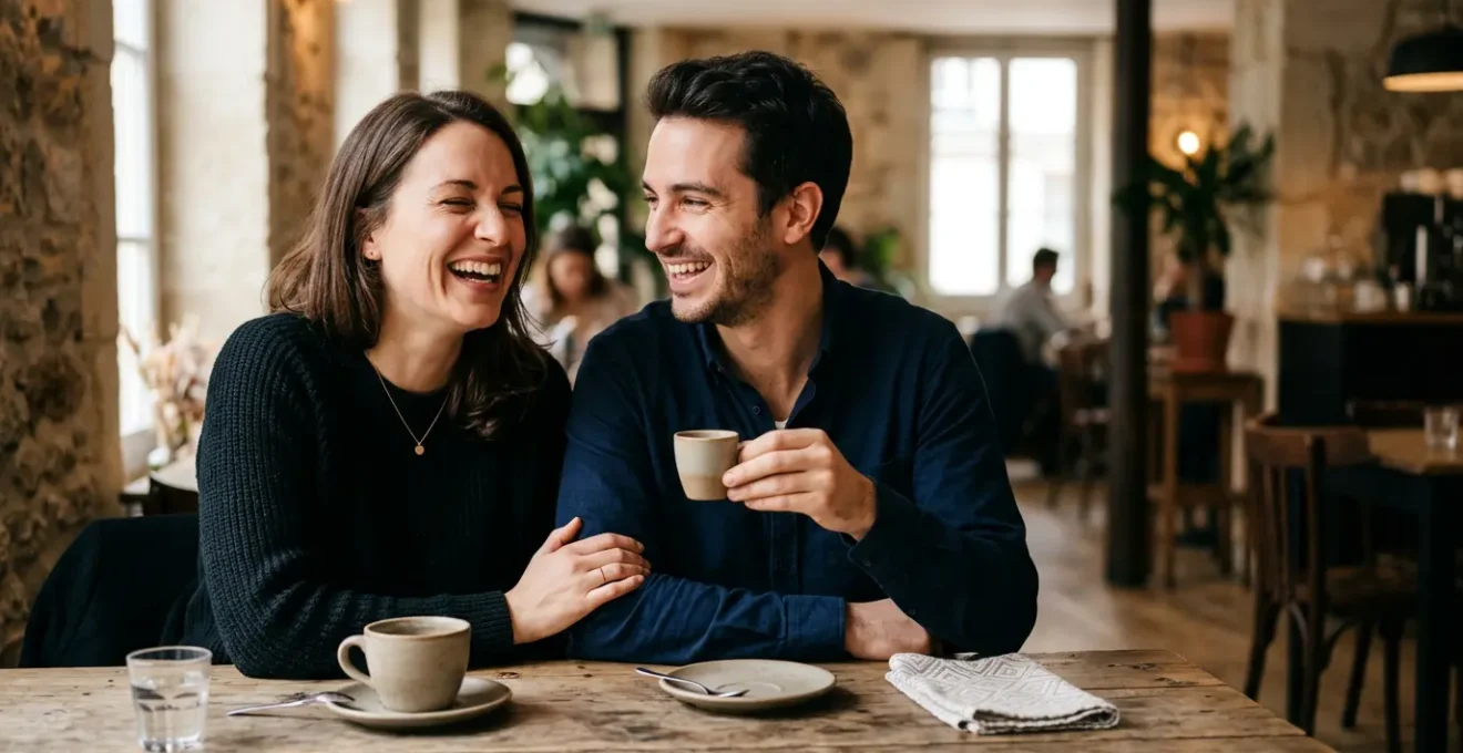Moment de complicité humoristique entre deux personnes lors d'une rencontre