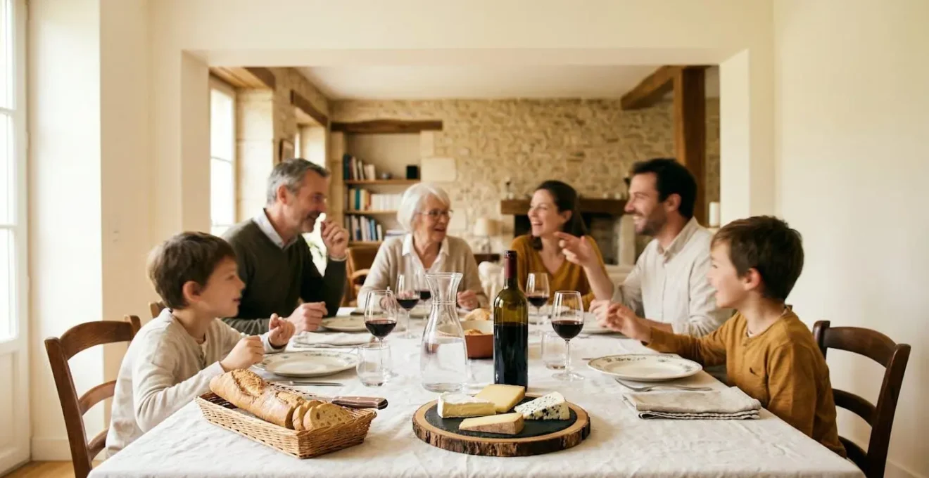 Ambiance chaleureuse autour d'une table de repas familial en France avec convives souriants