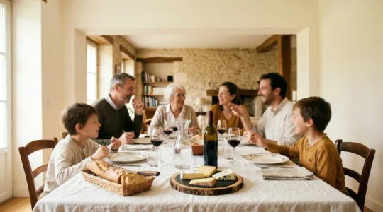 Ambiance chaleureuse autour d'une table de repas familial en France avec convives souriants