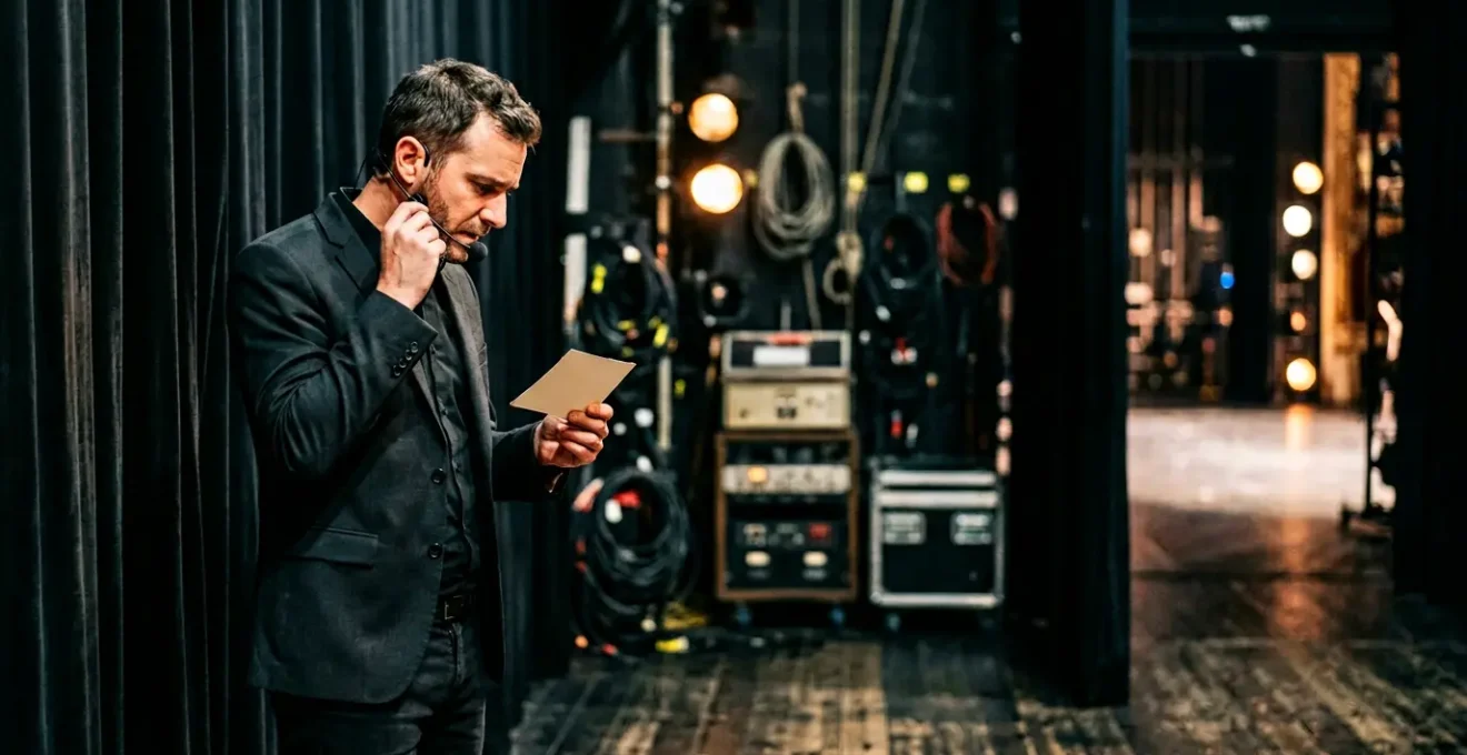 Artiste humoriste en coulisses préparant sa performance professionnelle dans un théâtre français