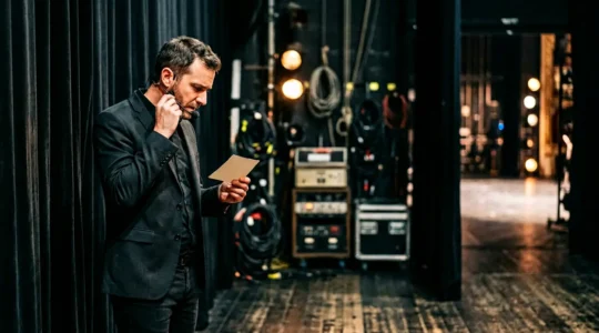 Artiste humoriste en coulisses préparant sa performance professionnelle dans un théâtre français