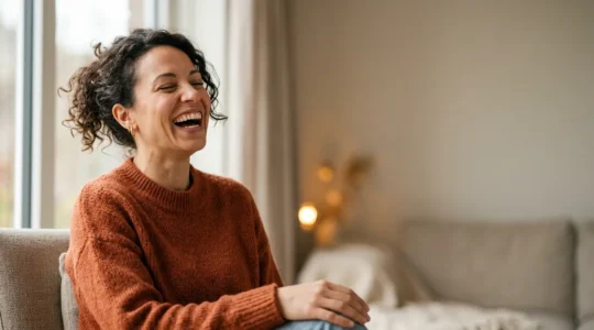 Moment authentique de rire et de bien-être illustrant les bienfaits de l'humour sur la santé