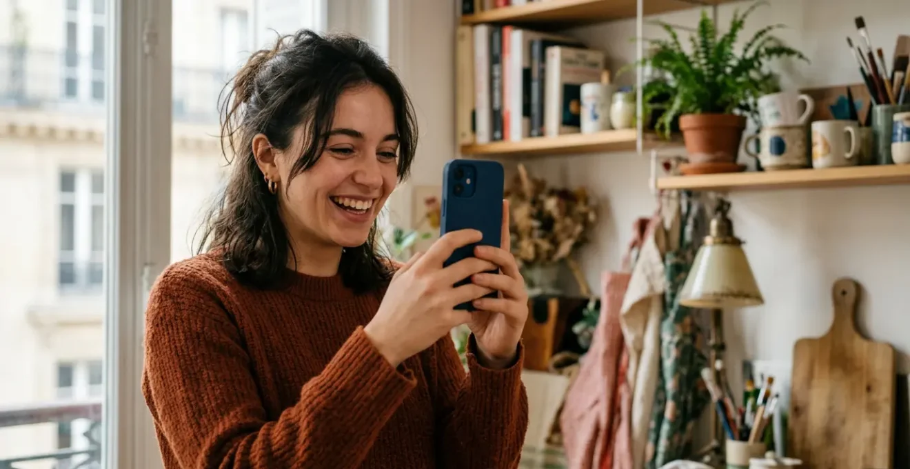 Créateur de contenu humoristique filmant une vidéo courte dans un environnement créatif