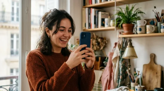 Créateur de contenu humoristique filmant une vidéo courte dans un environnement créatif