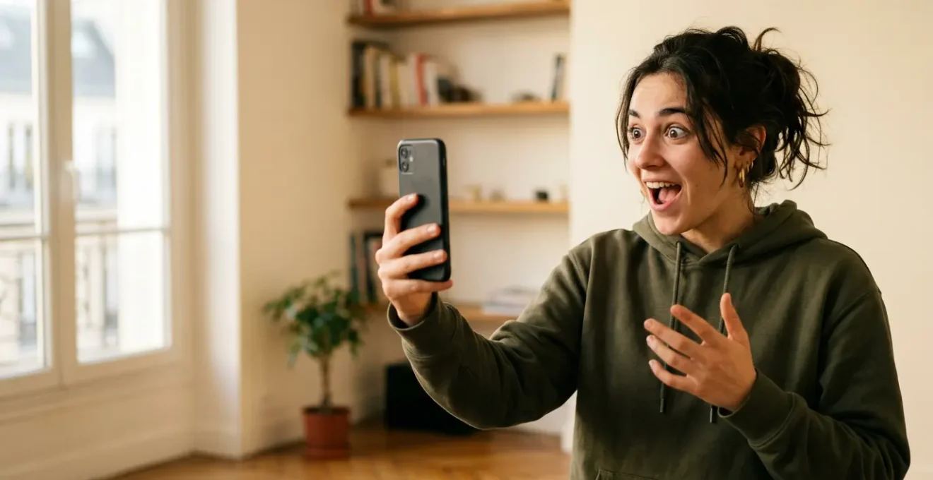 Créateur de contenu capturant l'attention immédiate avec expression dynamique et gestuelle engageante