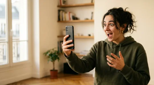 Créateur de contenu capturant l'attention immédiate avec expression dynamique et gestuelle engageante