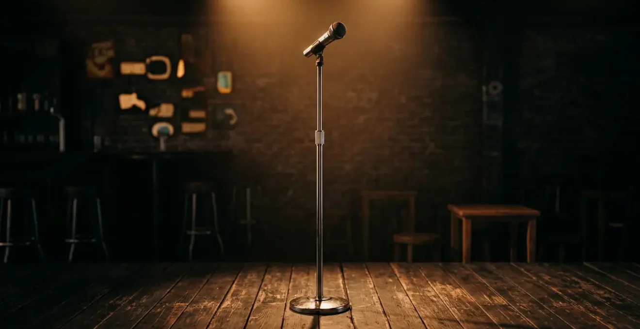 Un micro sur pied au centre d'une petite scène intime éclairée par un projecteur chaud