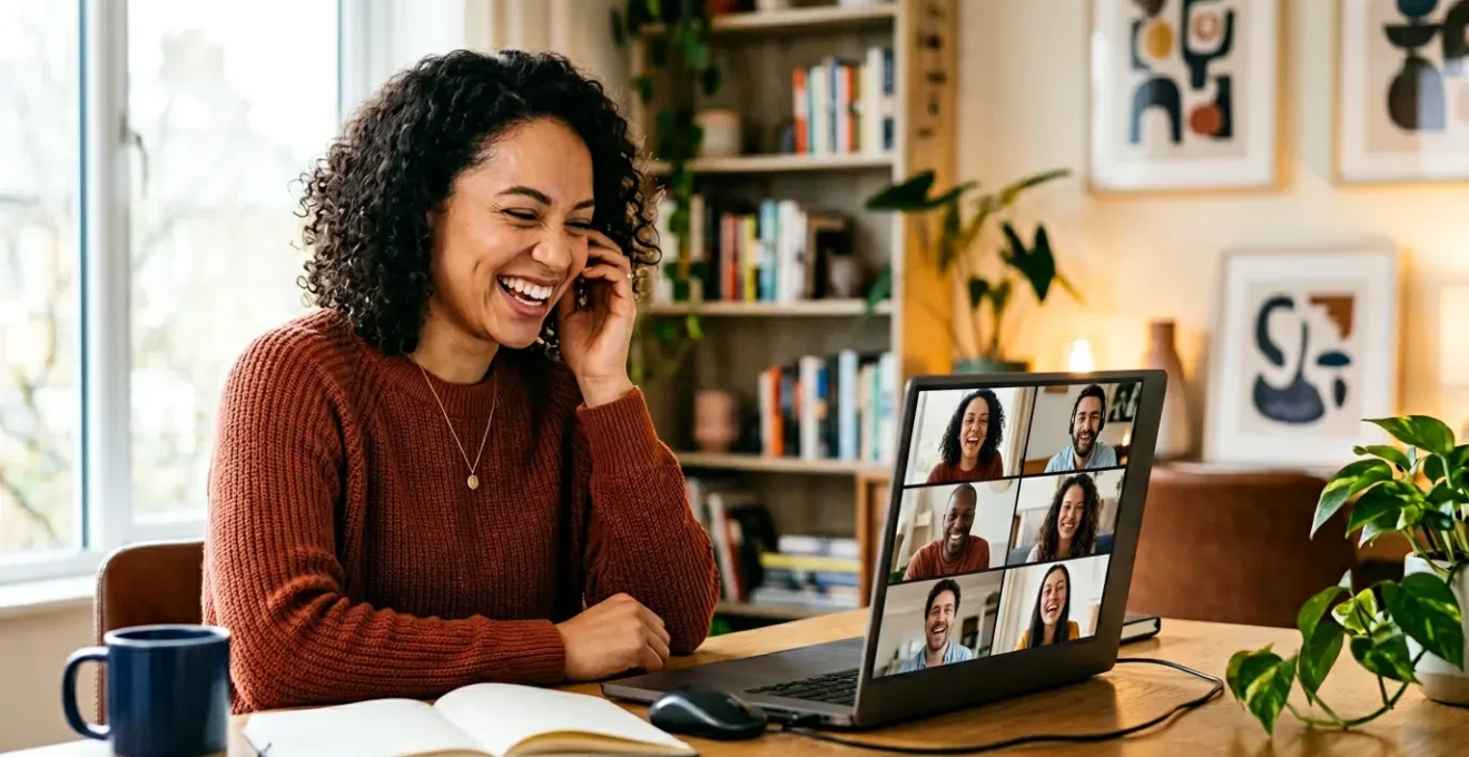 Équipe en télétravail partageant un moment convivial et humoristique à distance