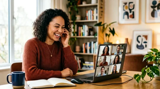 Équipe en télétravail partageant un moment convivial et humoristique à distance