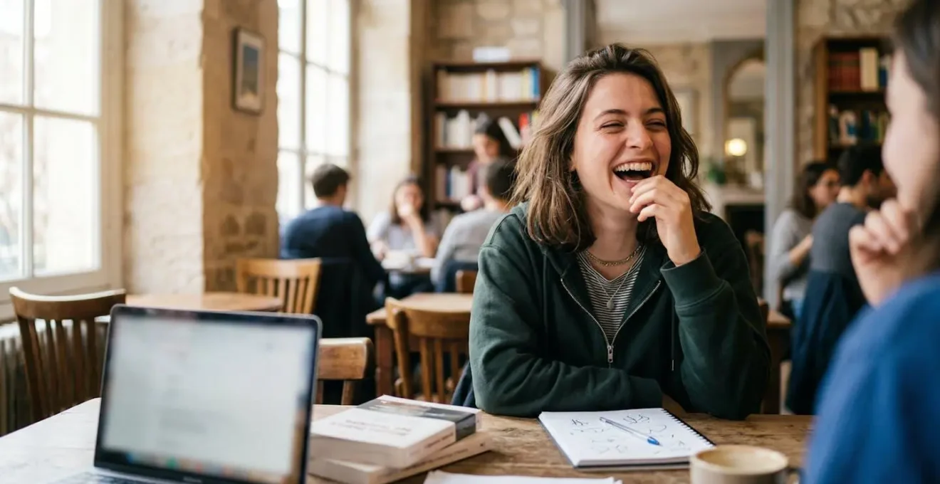 Étudiant souriant dans un moment de détente humoristique avant des révisions universitaires