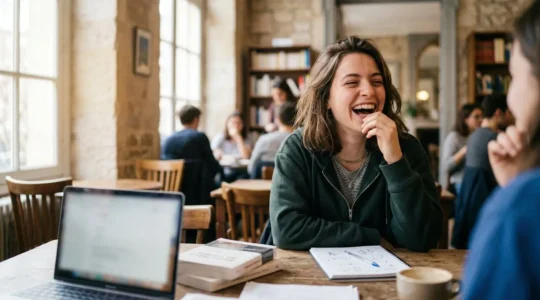 Étudiant souriant dans un moment de détente humoristique avant des révisions universitaires
