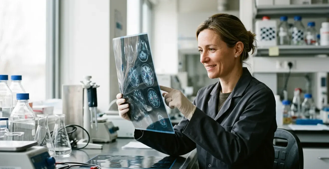 Chercheur français étudiant les mécanismes neurobiologiques du rire dans un laboratoire moderne