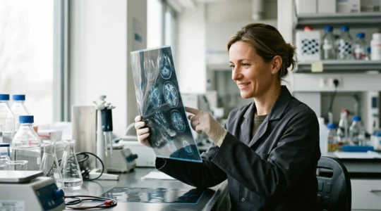 Chercheur français étudiant les mécanismes neurobiologiques du rire dans un laboratoire moderne