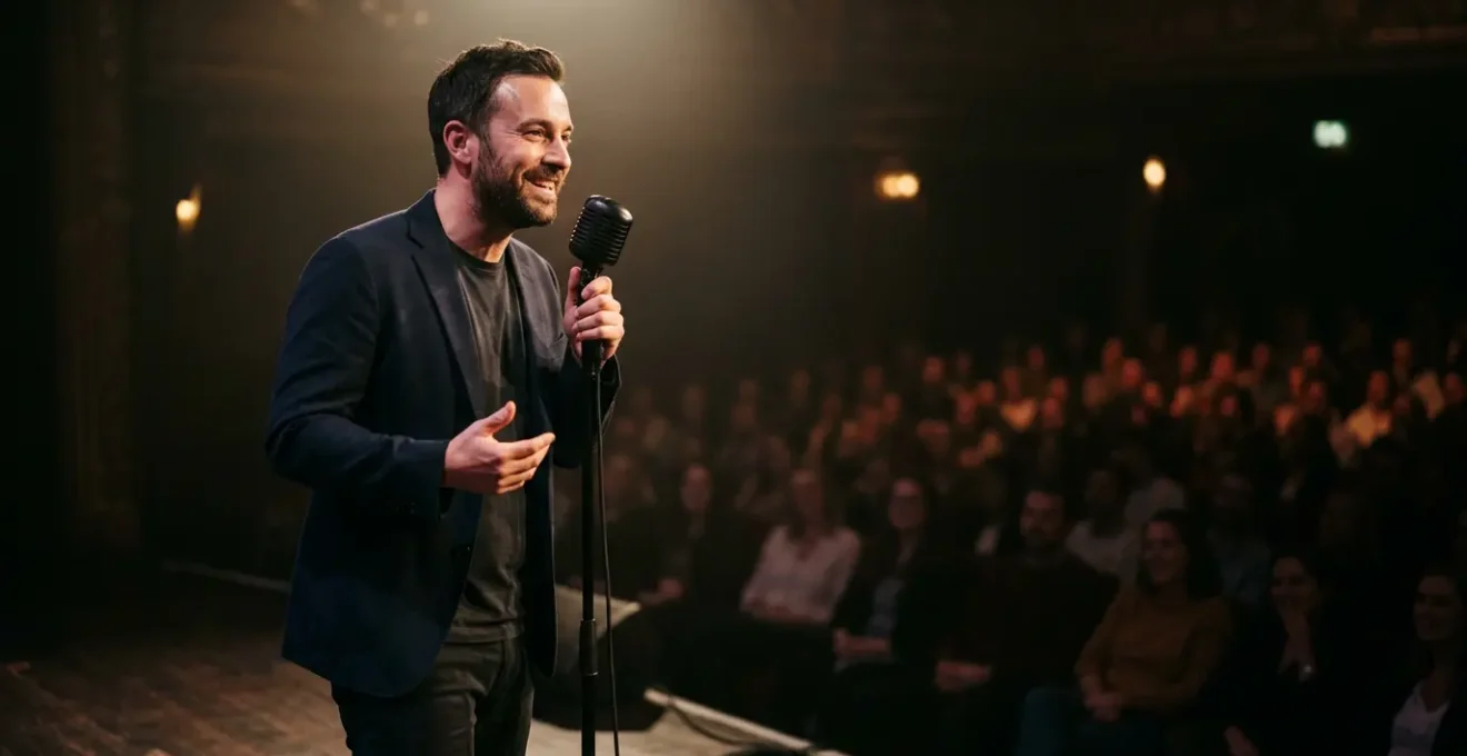 Artiste humoriste seul sur scène avec microphone captivant son public