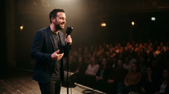 Artiste humoriste seul sur scène avec microphone captivant son public