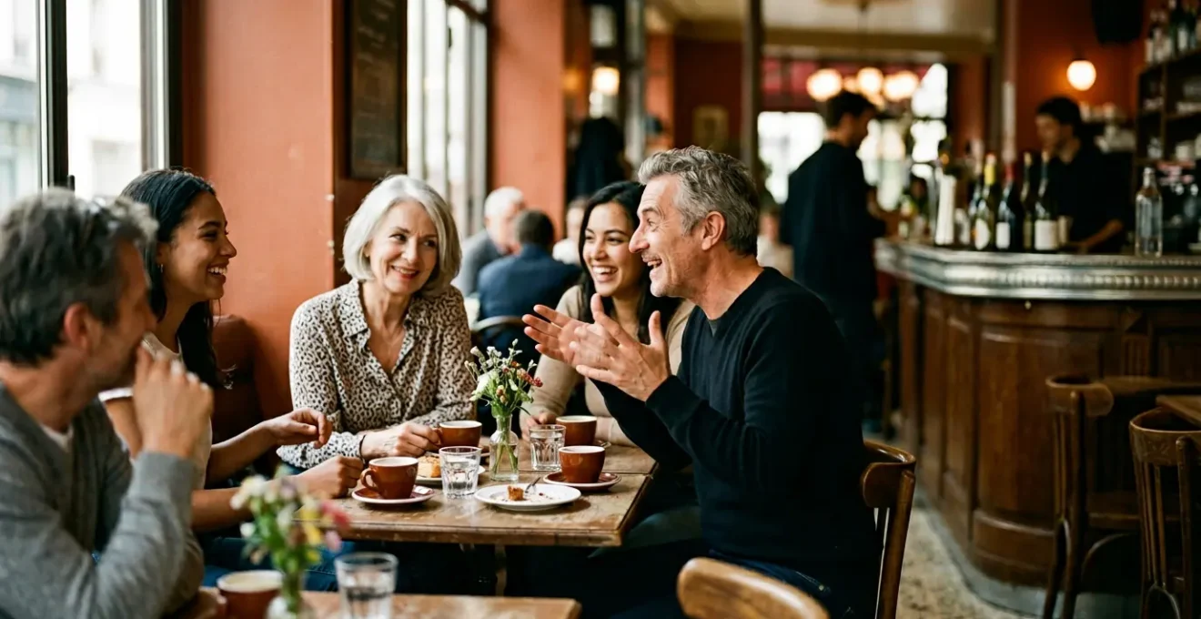Scène conviviale illustrant les codes culturels français et l'intégration des expatriés par l'humour