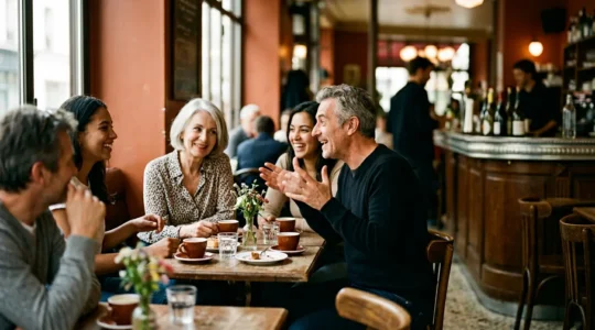 Scène conviviale illustrant les codes culturels français et l'intégration des expatriés par l'humour