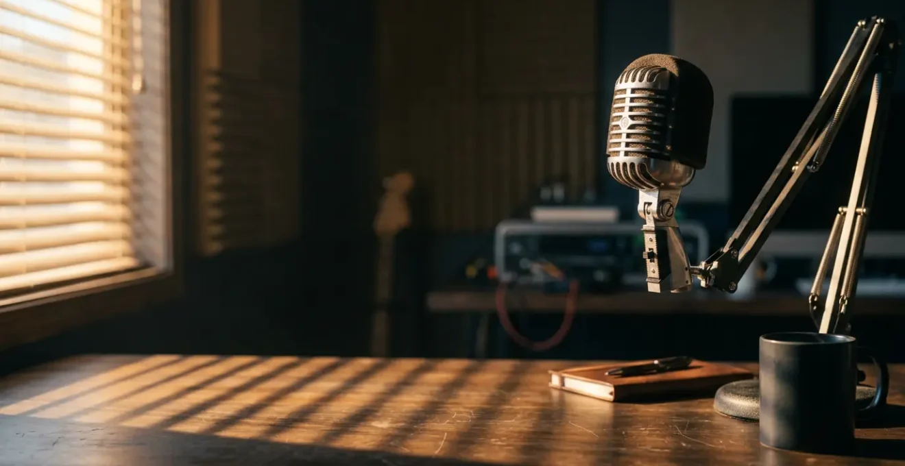 Microphone de studio radio au lever du jour symbolisant la chronique matinale politique française