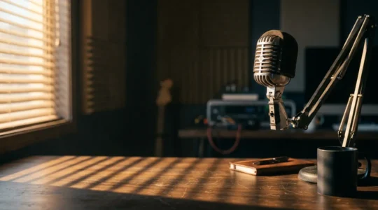 Microphone de studio radio au lever du jour symbolisant la chronique matinale politique française