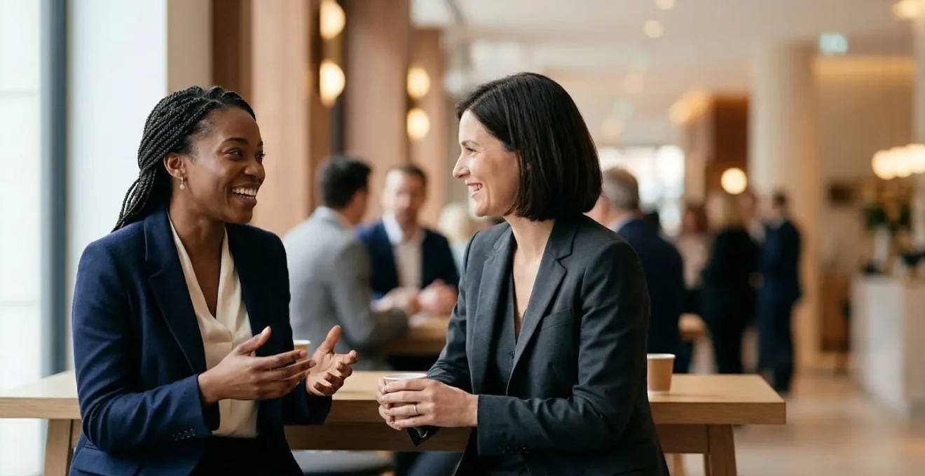 Professionnels en interaction lors d'un événement de networking, conversation détendue et souriante