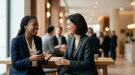 Professionnels en interaction lors d'un événement de networking, conversation détendue et souriante