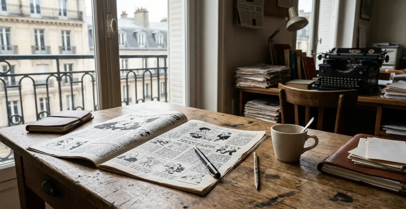 Vue éditoriale d'un journal satirique français posé sur une table de rédaction, ambiance intimiste et intemporelle