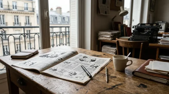 Vue éditoriale d'un journal satirique français posé sur une table de rédaction, ambiance intimiste et intemporelle