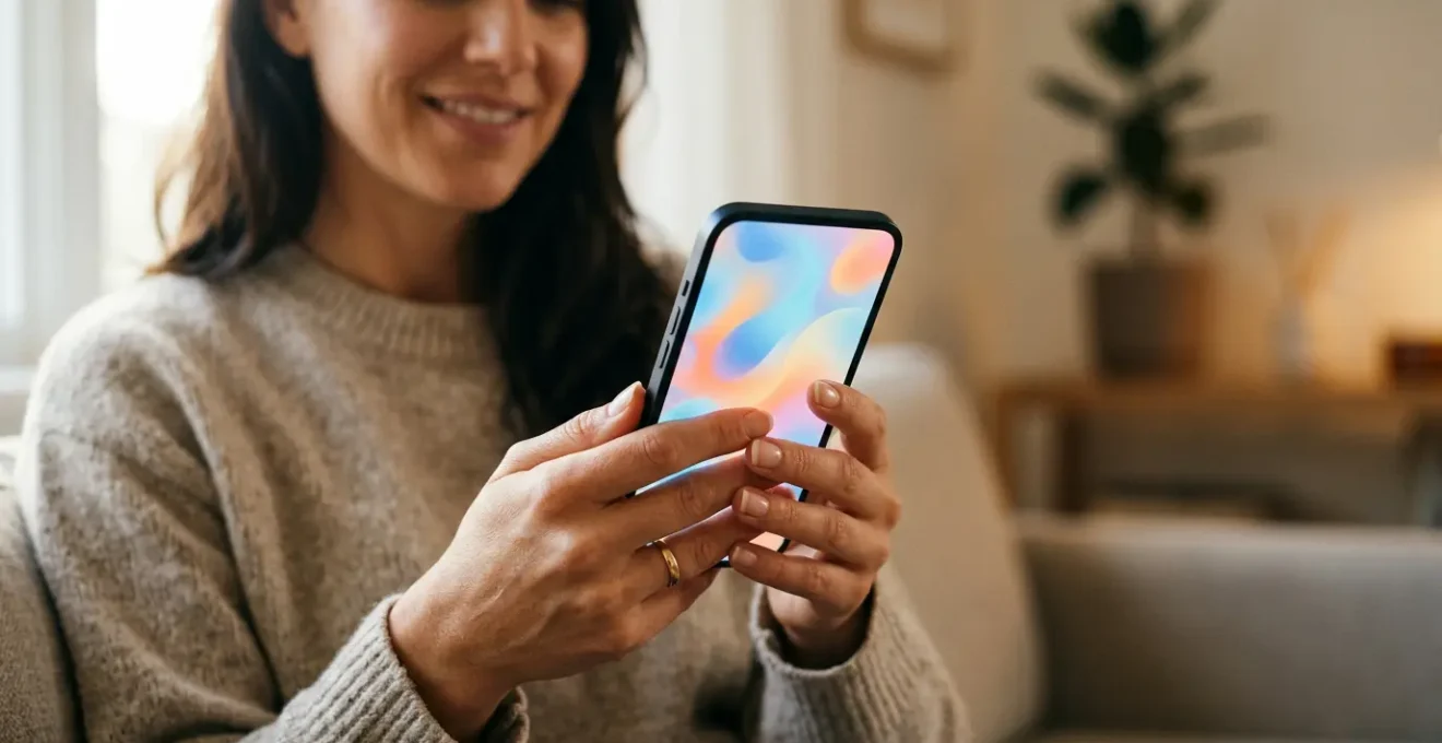 Mains tenant un smartphone en train de partager une vidéo humoristique sur les réseaux sociaux