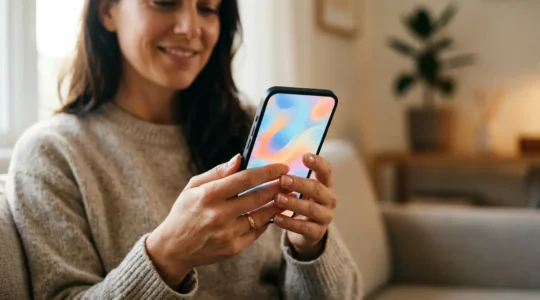 Mains tenant un smartphone en train de partager une vidéo humoristique sur les réseaux sociaux