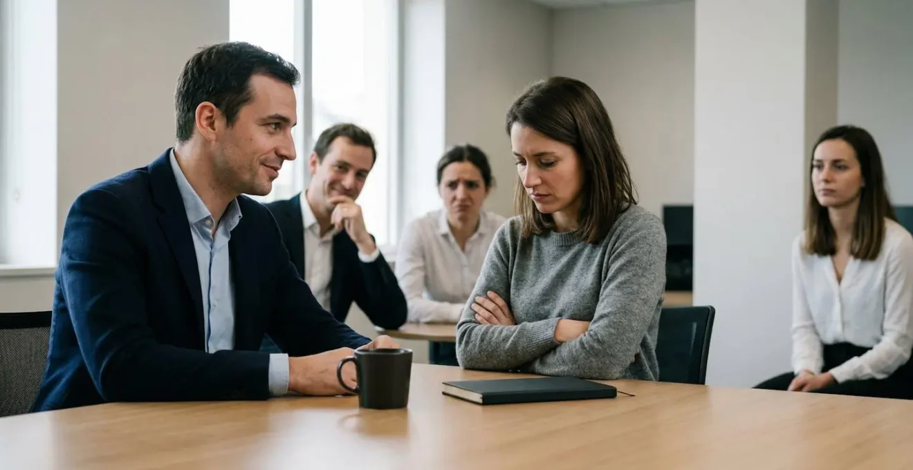 Scène de bureau illustrant la tension entre humour vif et malaise professionnel