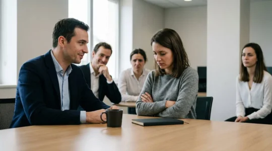 Scène de bureau illustrant la tension entre humour vif et malaise professionnel