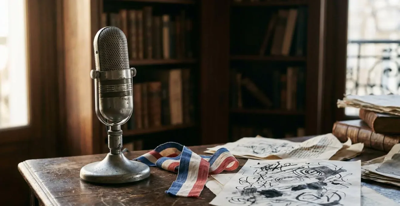 Scène évoquant l'univers de la satire politique française avec des éléments symboliques du débat démocratique