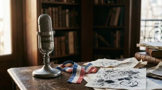 Scène évoquant l'univers de la satire politique française avec des éléments symboliques du débat démocratique