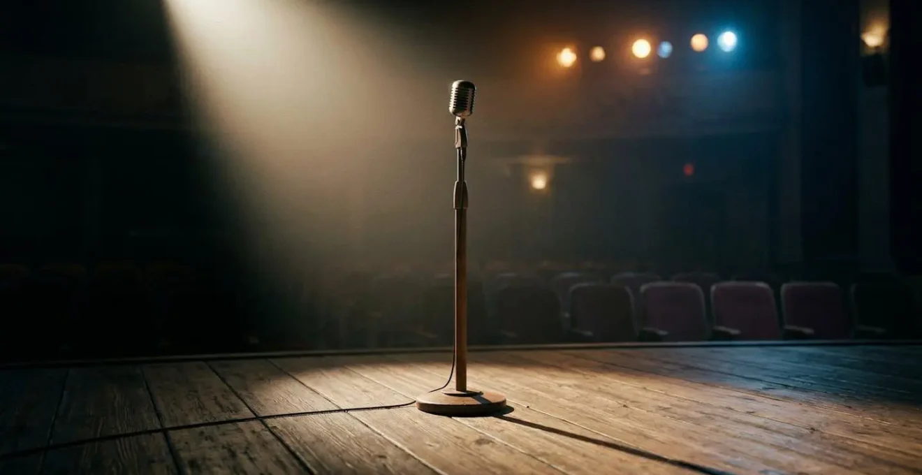 Scène de spectacle d'humour avec éclairage dramatique et ambiance intense