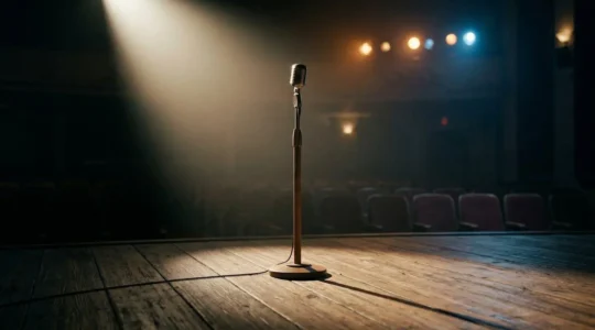 Scène de spectacle d'humour avec éclairage dramatique et ambiance intense