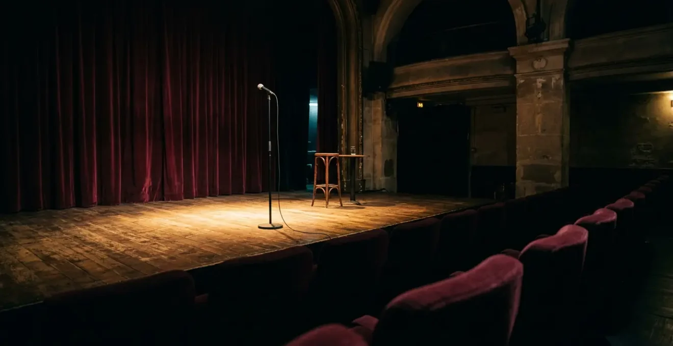 Scène de stand-up parisienne dans la pénombre avec microphone au premier plan et éclairage théâtral