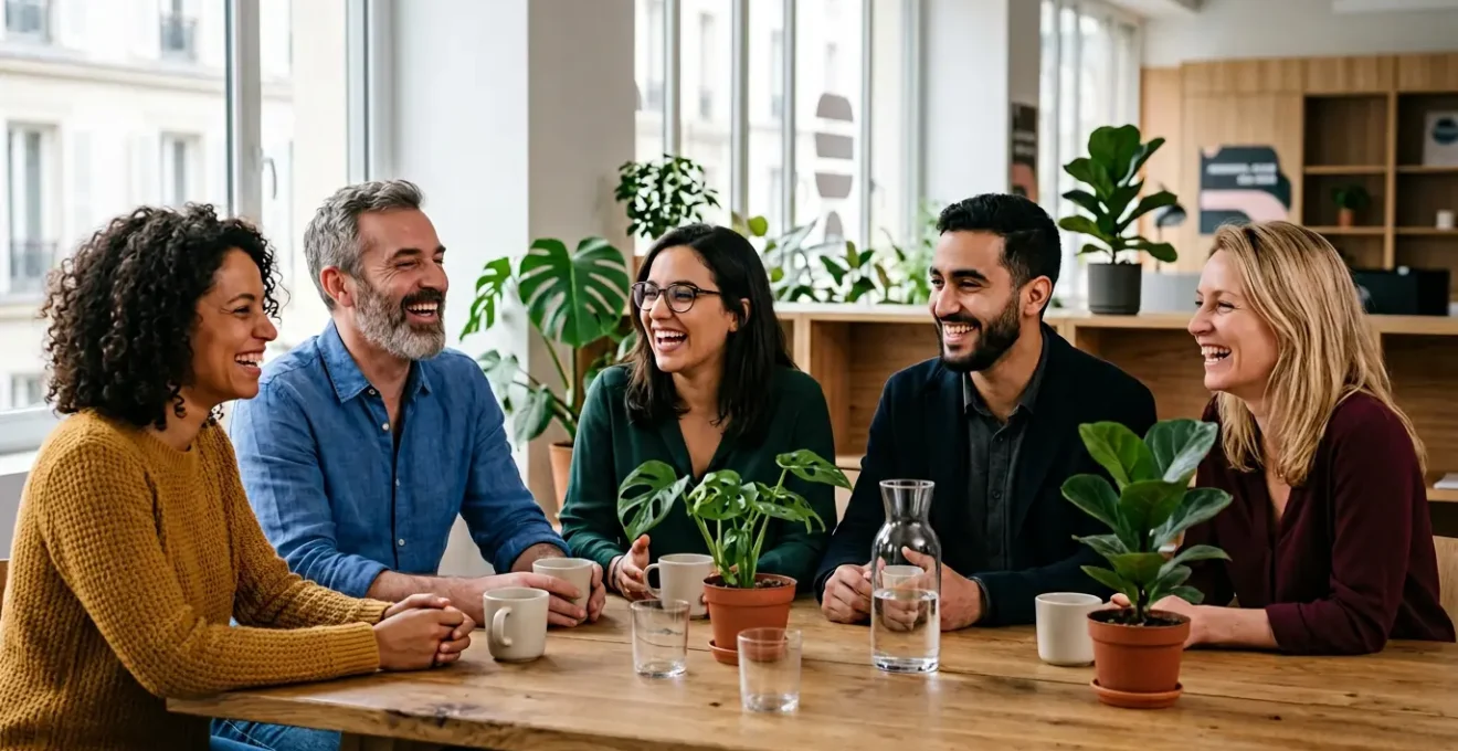 Équipe diversifiée partageant un moment de complicité authentique dans un espace de travail français moderne