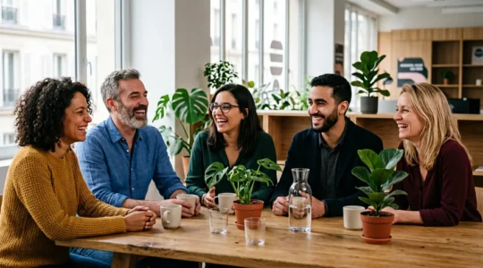 Équipe diversifiée partageant un moment de complicité authentique dans un espace de travail français moderne