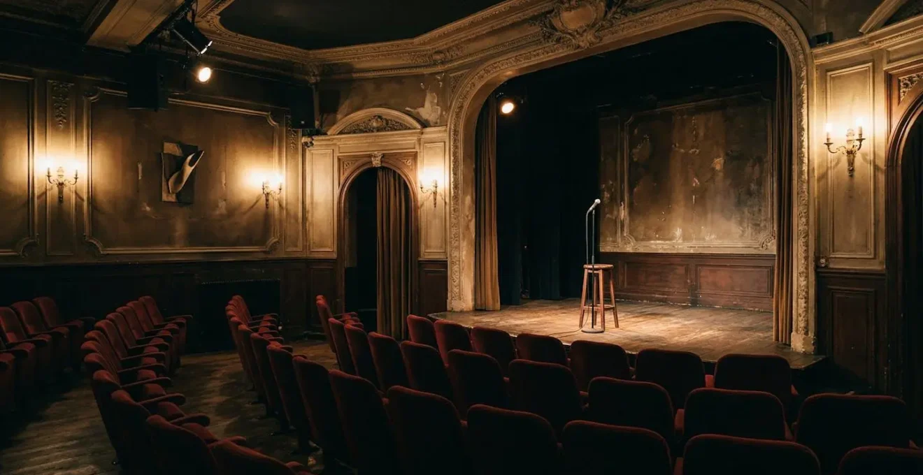 Salle de spectacle parisienne intimiste avec scène éclairée et public attentif